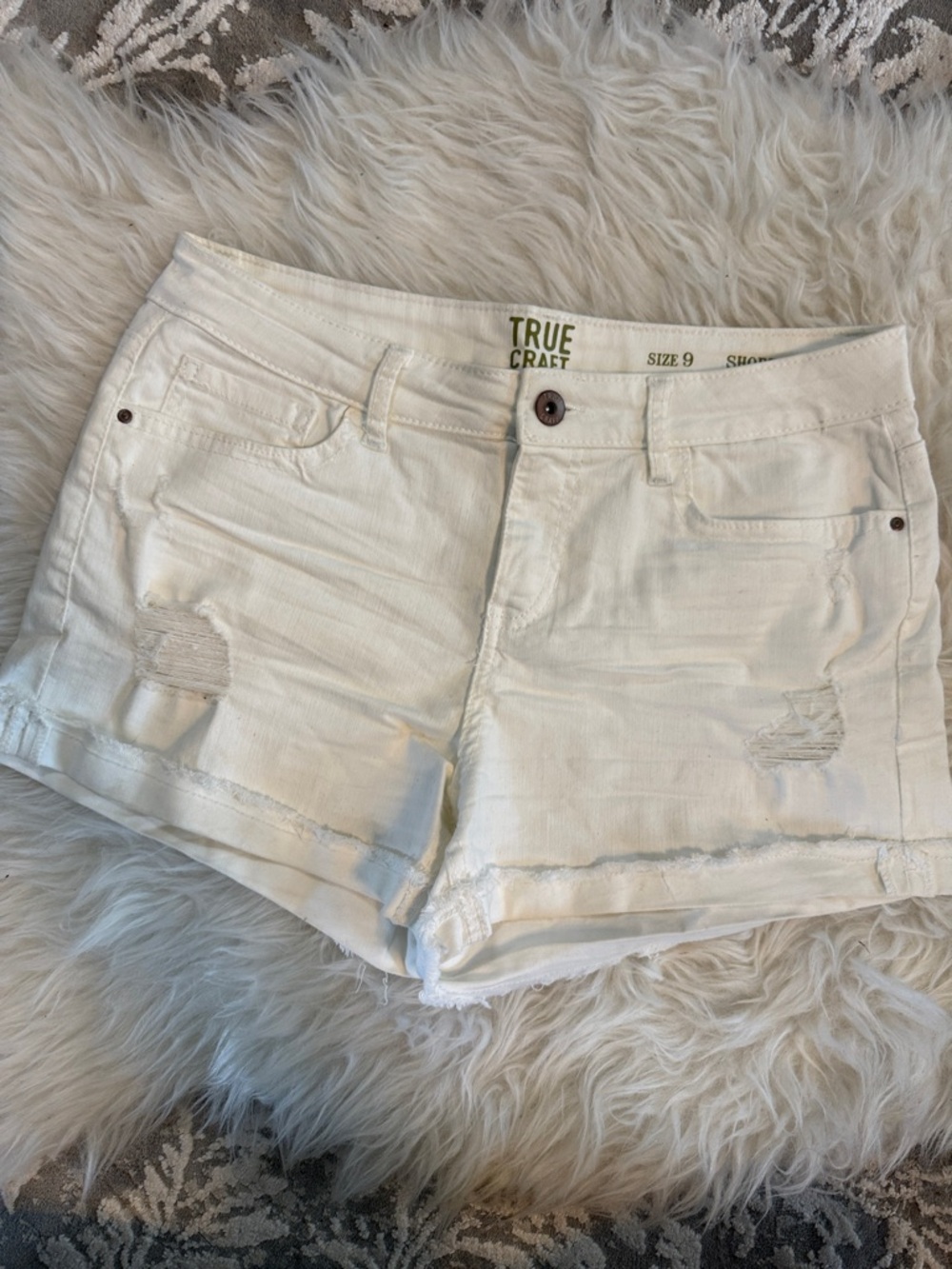 True Craft White Distressed Denim Shorts